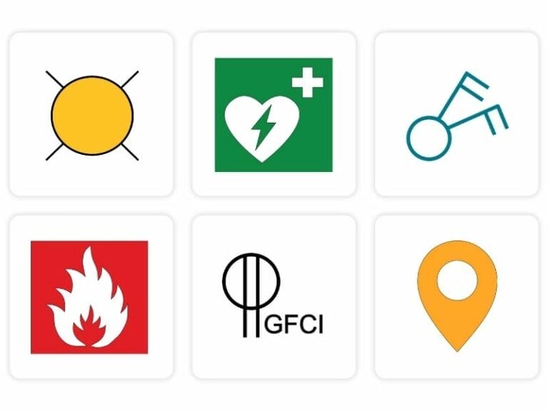 Selection of helper symbols used in floor plans, including lighting, safety, and utility markers.