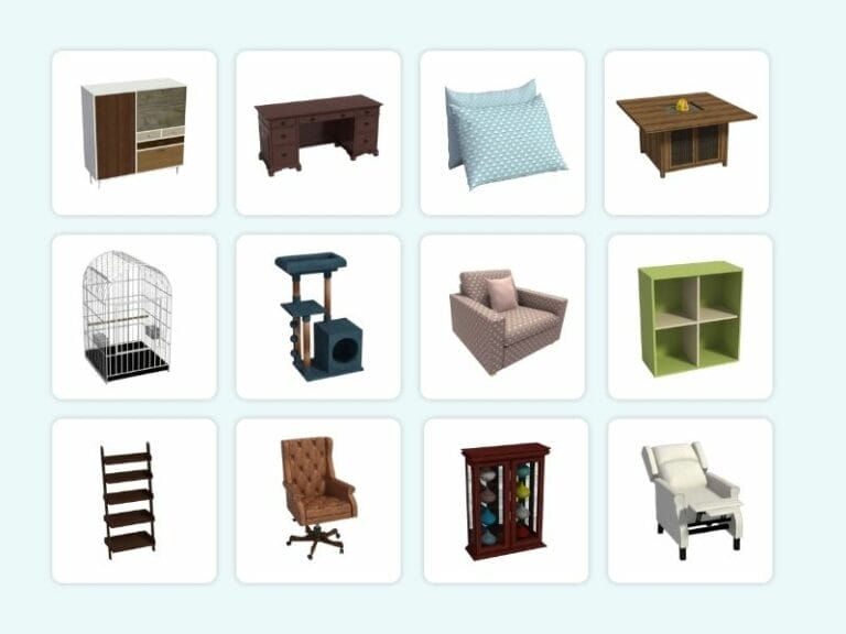 Grid of furniture items from the RoomSketcher furniture library, including storage units, seating, tables, and accessories.