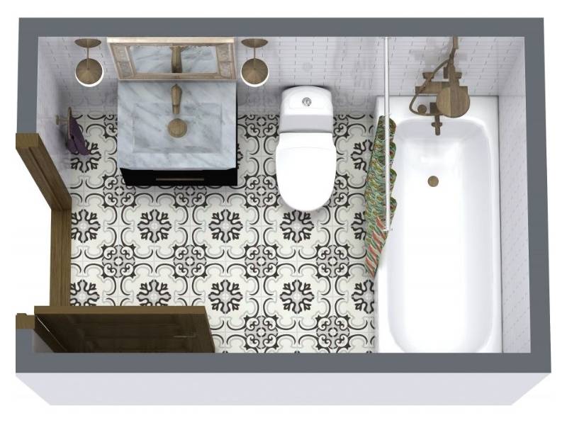 3D floor plan of a small bathroom with a bathtub and shower combo, toilet, and single vanity with marble countertop. The design features patterned black-and-white floor tiles, subway tile walls, and wood accents for a modern, stylish look.