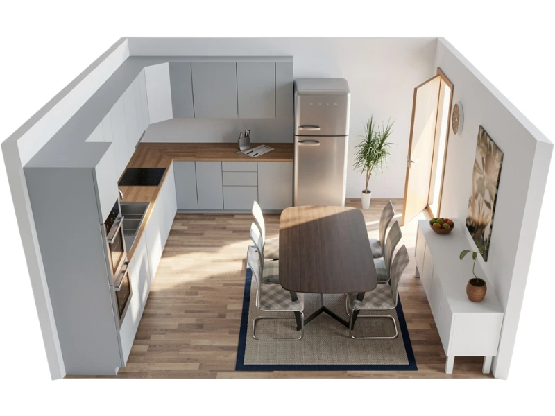 3D kitchen floor plan with white cabinets, wood countertops, dining table, retro fridge, and light wood flooring.