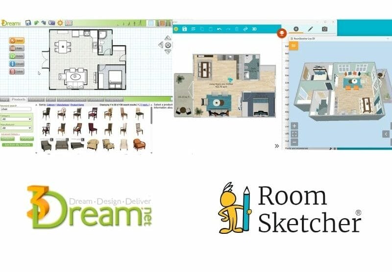 3Dream vs RoomSketcher. The left side of the image shows a screenshot of the 3Dream user interface. It shows a 2D floor plan drawing and a selection of chairs below the floor plan to show the furniture library. Below the screenshot is the 3Dream logo. On the right side of the image there is a screenshot of the RoomSketcher user interface. It shows a 2D floor plan drawing as well as a Live 3D view of the same floor plan, showcasing the duality of RoomSketcher. Below the floor plan views is the RoomSketcher logo.