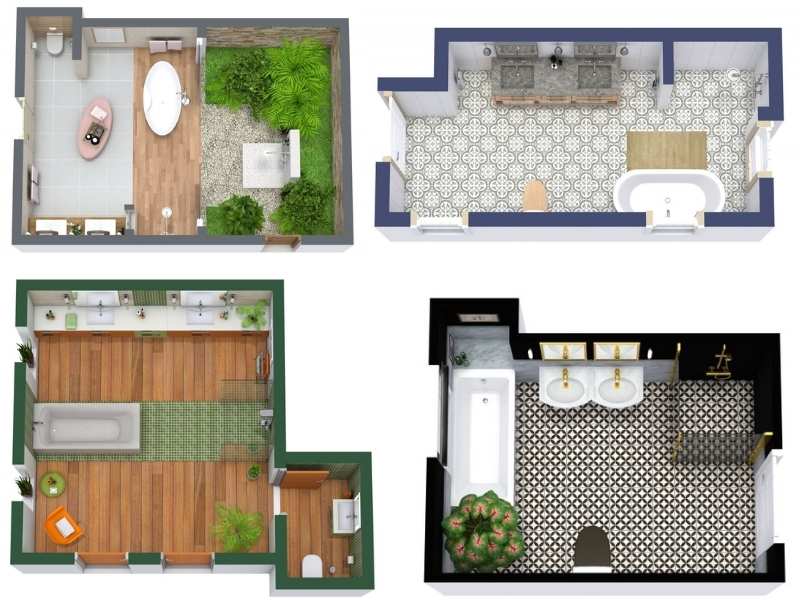 Four large primary bathroom floor plan examples in 3D.