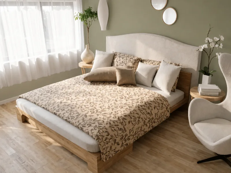 Bright, airy bedroom with warm sage-green walls featuring olive undertones, a light wood bed frame, cream upholstered headboard, botanical-patterned bedding, neutral pillows, sheer white curtains, indoor plants, round wall mirrors, and a cream lounge chair.