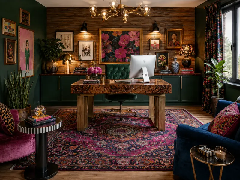 Eclectic maximalist home office with a dramatic wood-slat accent wall, dark green cabinetry, colorful framed artwork, a richly patterned jewel-toned rug, a sculptural wood desk, velvet seating in pink and blue, floral curtains, decorative books and plants, and layered lighting from a chandelier, sconces, and table lamps.