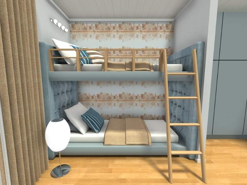3D rendering of a bedroom with modern bunk beds. The lower and upper beds have upholstered blue headboards, beige blankets, and striped accent pillows.