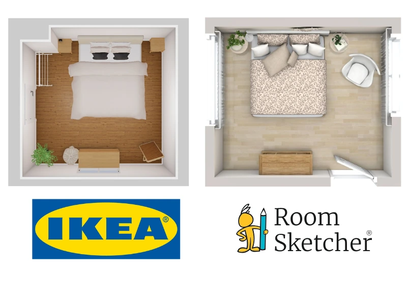 IKEA Kreative vs RoomSketcher floor plan creator. The image is a comparison between IKEA and RoomSketcher 3D floor plans. On the left side of the image is a 3D floor plan made with IKEA Kreativ. It shows a bedroom with one double bed, nightstands, a wardrobe, a mirror, a plant, and a dresser. Below the floor plan is the IKEA logo. On the right side of the image is a 3D floor plan made with RoomSketcher. It shows a bedroom with one double bed, nightstands, a chair, and a dresser. Below the floor plan is the RoomSketcher logo.