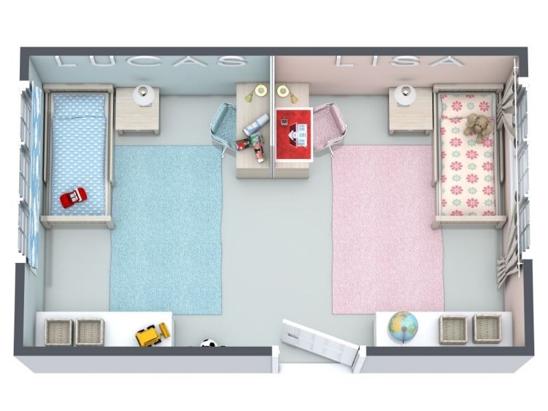 3D floor plan of a shared children’s bedroom divided into two sections. On the left, Lucas’s side has a blue rug, a single bed with blue bedding, and a toy car. On the right, Lisa’s side has a pink rug, a single bed with floral bedding, and a teddy bear.