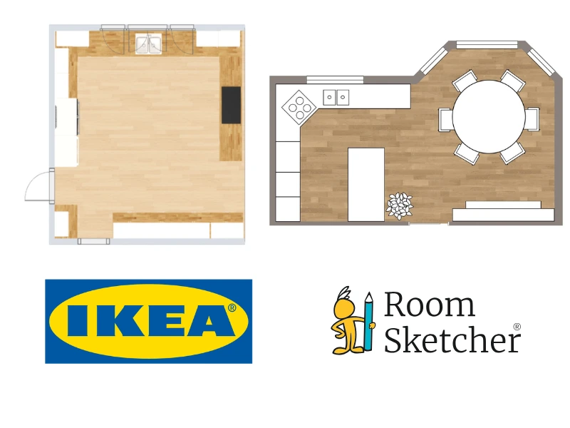 IKEA Kitchen planner vs RoomSketcher floor plan creator. The image displays a comparison between 2D floor plans made with IKEA Kitchen Planner and RoomSketcher. On the left side of the image is the 2D floor plan made with IKEA Kitchen Planner. The kitchen is L-shaped and the floor plan shows the floor and counter top materials. Below the floor plan is the IKEA logo. On the right side of the image is a 2D floor plan made with RoomSketcher. It's a peninsulakitchen with a dining table, and it shows the wooden material of the flooring. Below the floor plan is the RoomSketcher logo.