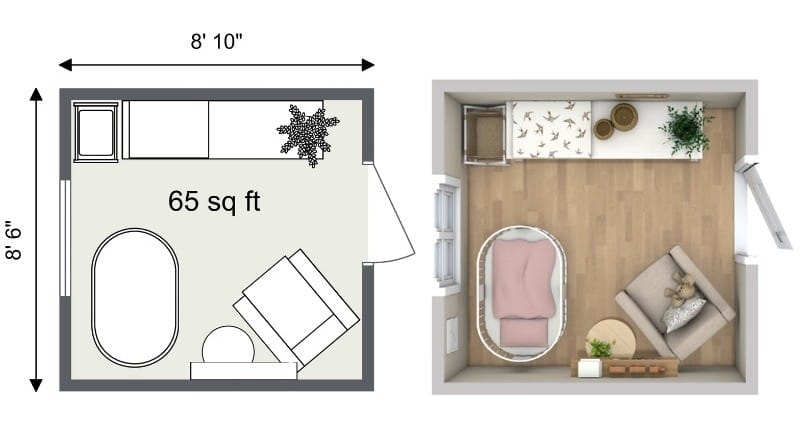 Small 65 sq ft nursery floor plan measuring 8'10'' by 8'6''. The layout includes a crib centered against one wall, a comfortable armchair angled in the corner, and a changing table with storage along the opposite wall. A round rug sits in front of the crib.