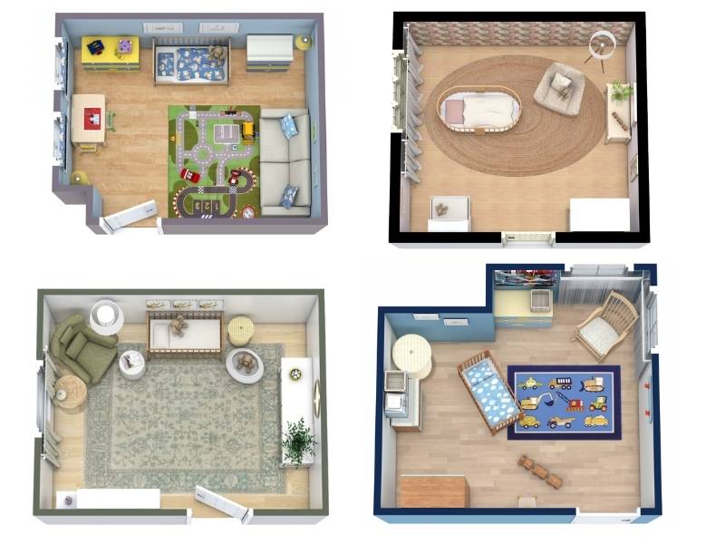 Collection of four 3D kids’ bedroom floor plans. Top left: playroom with a road-pattern rug, sofa, and toy table. Top right: nursery with a bassinet, armchair, and round jute rug. Bottom left: soft-toned nursery with a crib, armchair, and large patterned rug. Bottom right: child’s bedroom with a single bed, rocking chair, and colorful car-themed rug.