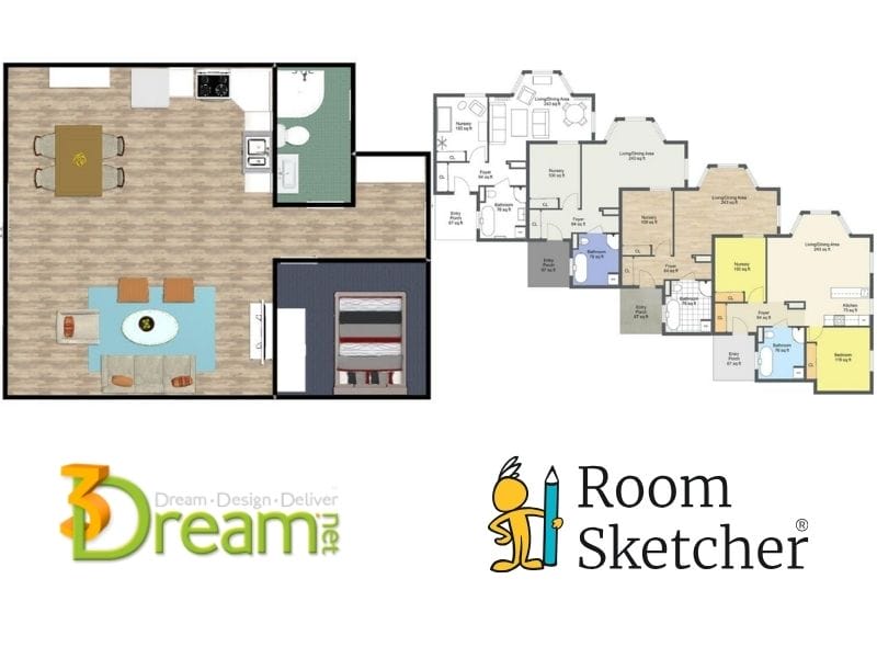 3Dream vs RoomSketcher. On the left side of the image is a 2D floor plan made with 3Dream. The floor plan includes an open living/dining/kitchen space, a bathroom, and one bedroom. The floor plan displays materials. Below the floor plan is the 3Dream logo. On the right side of the image there are four floor plans made with RoomSketcher. All the floor plans displays different features of the RoomSketcher 2D customization. One floor plan is in black-and-white, one is in standard colors aka grey scale, one shows materials, and the last one shows a color coded floor plan. Below the floor plans is the RoomSketcher logo.