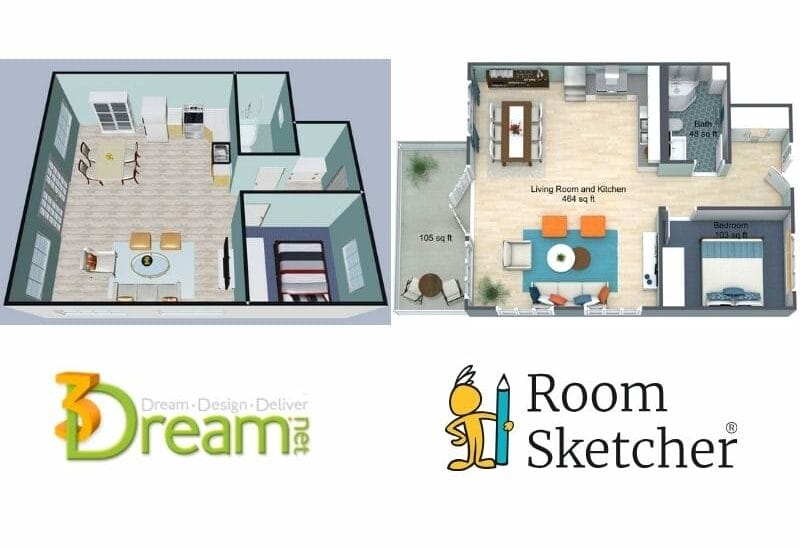 3Dream vs RoomSketcher. On the left side of the image there is a 3D floor plan made with 3Dream. The floor plan shows an open kitchen/dining/living area, one bathroom, and one bedroom. Below the floor plan is the 3Dream logo. On the right side of the image is a 3D floor plan made with RoomSketcher. The floor plan shows an open kitchen/dining/living area, one bathroom, and one bedroom. Below the floor plan is the RoomSketcher logo.