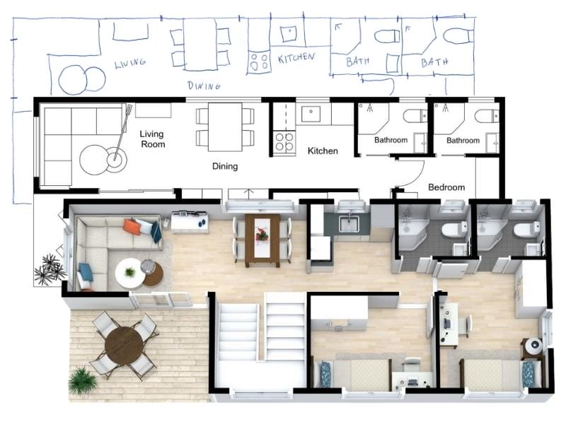A three-part comparison of the same apartment layout. The top section shows a hand-drawn floor plan sketch in blue ink with labeled rooms such as Living Room, Dining, Kitchen, Bath, and Bedroom. The middle section presents a clean black-and-white 2D floor plan with labeled rooms and precise lines. The bottom section displays a fully furnished 3D floor plan with detailed interiors, including furniture, appliances, and flooring, as well as an outdoor terrace with seating. The image illustrates the progression from rough sketch to 2D draft to polished 3D floor plan.