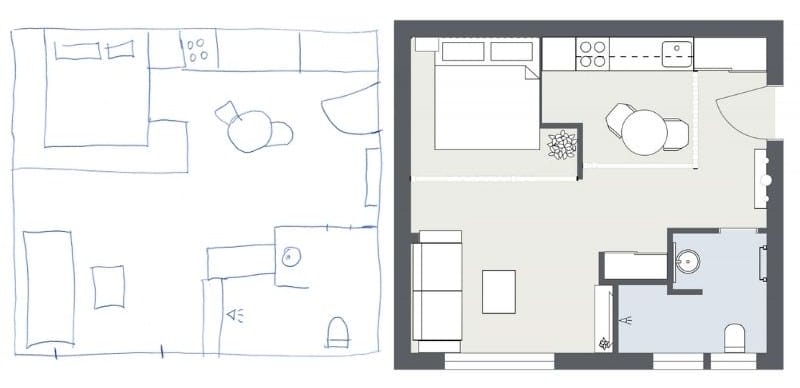 Side-by-side comparison of two versions of the same floor plan. The left side shows a rough hand-drawn sketch in blue ink with freehand outlines of walls, furniture, and fixtures, including a bed, kitchen counter, dining area, and bathroom. The right side displays a clean, digital 2D floor plan with clearly labeled and accurately scaled elements, showing the same apartment layout with a bed, kitchen, dining table, sofa, and bathroom. The image illustrates the transformation from a quick sketch to a polished architectural plan.