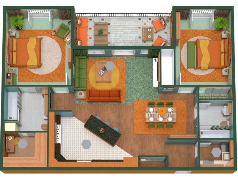 A colorful 3D floor plan of a retro-style apartment featuring two bedrooms, a large living room, dining area, kitchen, and two bathrooms. The apartment includes vibrant orange and green decor with patterned rugs and vintage-style furniture. Each bedroom has a double bed and private balcony access. The living room is centrally located with two couches and a TV, and the kitchen includes a black angled island with bar stools. A spacious dining room with a large table is adjacent to the kitchen. A furnished balcony sits at the top of the layout, accessible from the living room.