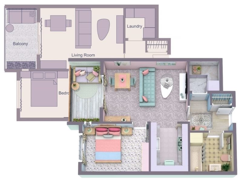 A side-by-side comparison of two versions of the same apartment layout. The top half shows a minimalist, pastel-toned 2D floor plan with labeled rooms like Bedroom, Living Room, Laundry, and Balcony, all in soft lavender shades. The bottom half reveals the same layout in a 3D cutecore aesthetic, filled with pastel furniture, playful patterns, and cozy textures. Key areas include a pink-and-blue bedroom, a mint and blush living room, a pastel kitchen, and a small balcony with seating.