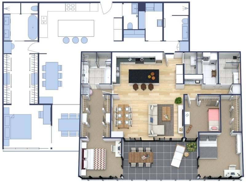Two versions of the same three-bedroom apartment floor plan shown side by side: on the left, a 2D blueprint with labeled rooms, and on the right, a 3D rendered floor plan with furniture, flooring, and finishes. Both layouts feature an open kitchen with island, dining area, living room, three bedrooms, and multiple bathrooms.