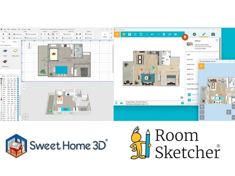 Sweet Home 3D vs RoomSketcher user interface comparison. Left side of the image shows the Sweet Home 3D logo and the Sweet Home 3D user interface. The right side of the image shows the RoomSketcher logo and the RoomSketcher user interface.