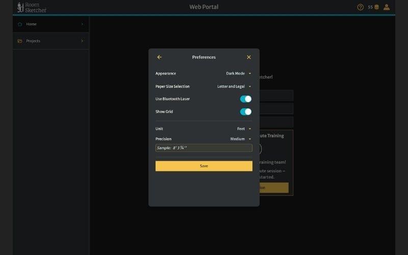 An image showing RoomSketcher Web Portal in Dark Mode with Preferences settings opened.