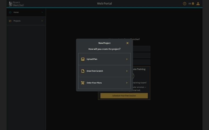 An image showing RoomSketcher Web Portal in dark mode with the New Project tab opened.
