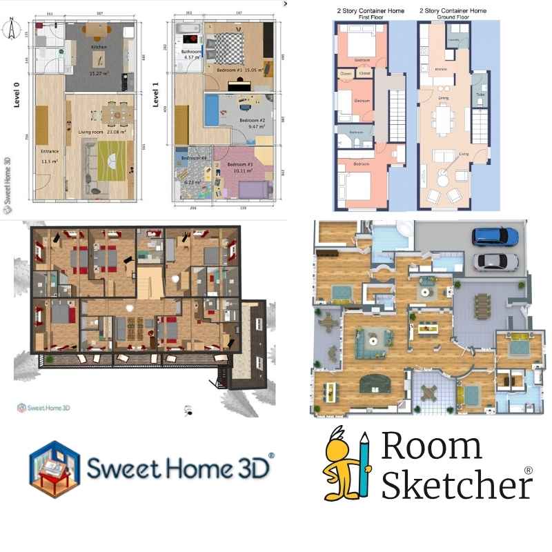 Sweet Home 3D vs RoomSketcher 2D and 3D Floor Plans. The left top corner of the picture shows a 2D floor plan over two levels from Sweet Home 3D. Beneath is a 3D floor plan from Sweet Home 3D, with the Sweet Home 3D logo at the bottom. On the top right corner there is a 2D floor plan from RoomSketcher with two levels. Beneath that there is a 3D floor plan from RoomSketcher with a garage, and at the bottom is the RoomSketcher logo.