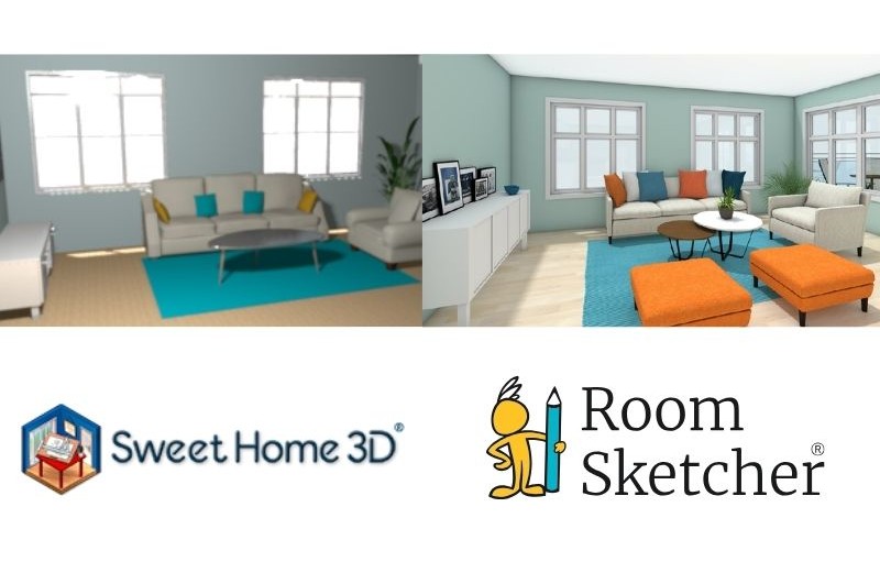 Sweet Home 3D vs RoomSketcher. The image shows on the left side, a 3D photo from a Sweet Home 3D design of a living room with one white couch, a chrome coffee table, a white chair, a green plant behind the chair, and a blue rug. Across from the white chair, there is a white media unit. Under the photo, there is the Sweet Home 3D logo. On the right side of the image, there is a 3D photo of a RoomSketcher living room design. The design features a white couch, a white chair, two orange ottomans, and a white and wooden table. Across from the white chair is a white media unit with multiple framed photographs on top. There is also a blue rug in this photo. Under the photo is the RoomSketcher logo.