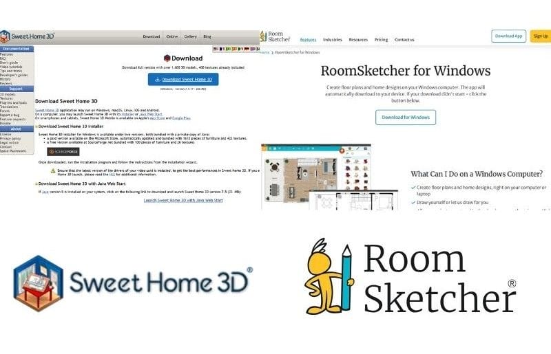 Sweet Home 3D vs RoomSketcher Installation. Left in the picture is the landing page for Sweet Home 3D Download page. Under the picture is the Sweet Home 3D logo. On the right side of the picture is the RoomSketcher app download page. Under the picture is the RoomSketcher logo.