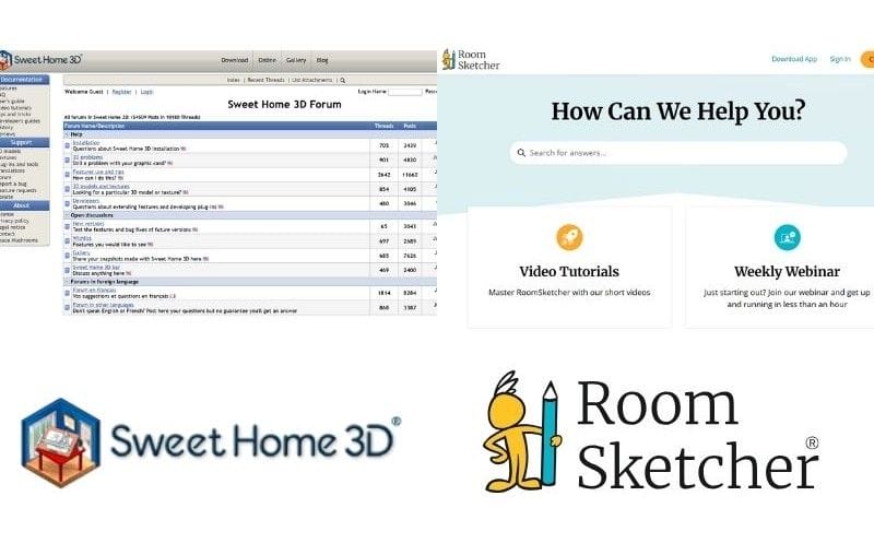 Sweet Home 3D vs RoomSketcher customer service. The left side of the photo shows Sweet Home 3D Forum page. Below the photo is the Sweet Home 3D logo. The right side shows the RoomSketcher Help Center. Below the photo is the RoomSketcher logo.