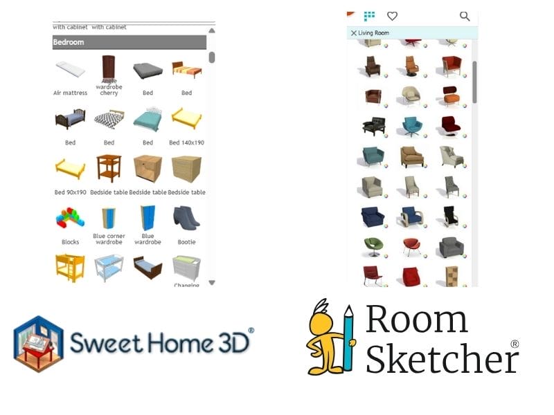 Sweet Home 3D vs RoomSketcher furniture library. Left side of the photo shows the Sweet Home 3D Furniture Library, below is the Sweet Home 3D logo. On the right side of the photo is the RoomSketcher furniture library, and below it is the RoomSketcher logo.