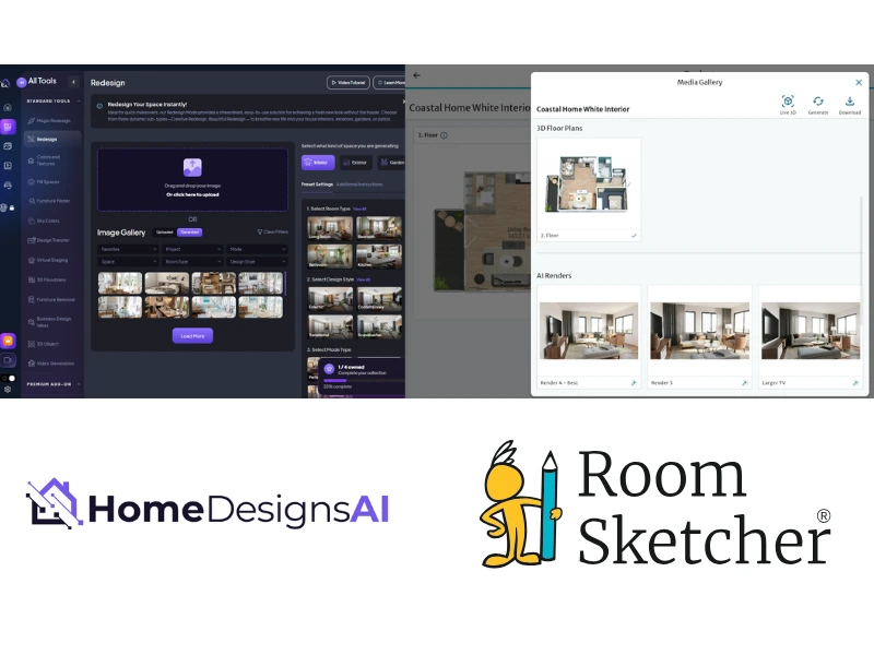 HomeDesignsAI vs RoomSketcher. The image compares the two software user interfaces. On the left side of the image is a screenshot of the HomeDesignsAI user interface. Below the screenshot is the HomeDesignsAI logo. On the right side of the image is a screenshot of the RoomSketcher user interface. Below the screenshot is the RoomSketcher logo.