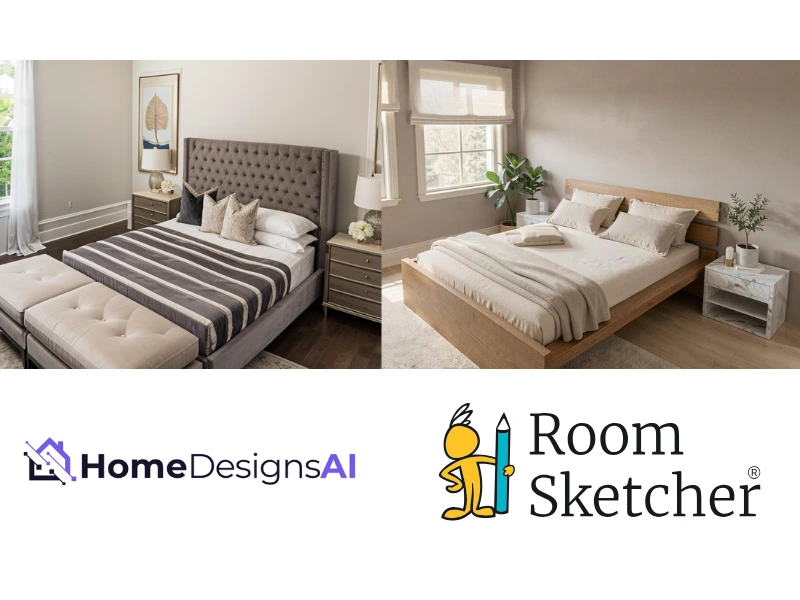 HomeDesignsAI vs RoomSketcher. The image compares the two software AI renders. On the left side of the image is an AI-generated image made with HomeDesignsAI. Below the image is the HomeDesignsAI logo. On the right side of the image is an AI-generated image made with RoomSketcher. Below the image is the RoomSketcher logo.