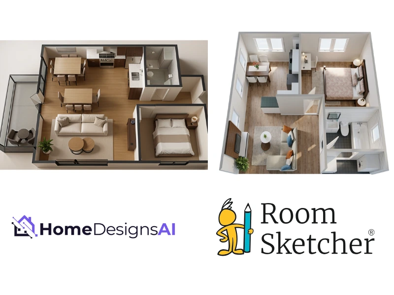 HomeDesignsAI vs RoomSketcher. The image compares the two software 3D floor plans. On the left side is the HomeDesignsAI 3D floor plan. Below the floor plan is the HomeDesignsAI logo. On the right side of the image is a 3D floor plan made with RoomSketcher. Below the floor plan is the RoomSketcher logo.