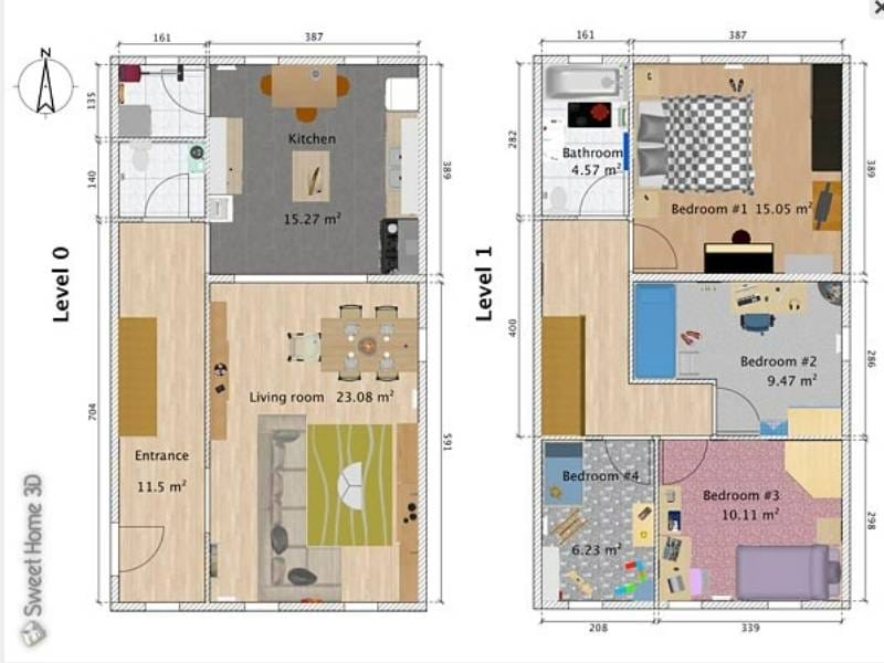 Sweet Home 3D 2D floor plan. This is a 2-level 2D floor plan made with Sweet Home 3D software. Level 0 has an entrance, a furnished living room with a couch, and a dining area. There is a kitchen, a bathroom, and a laundry room. On level 1, four furnished bedrooms and a bathroom are connected by a hallway.