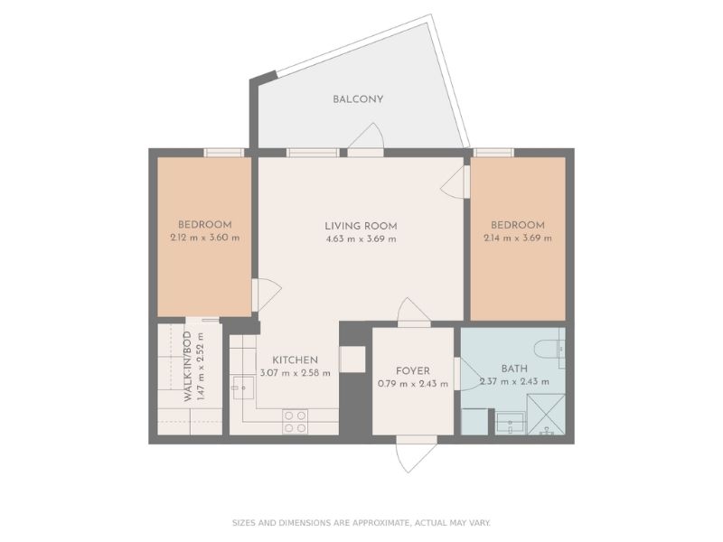 2D floor plan made with CubiCasa software. The floor plan is a 2-bedroom and includes fixed furniture in the kitchen, walk-in closet, and bathroom. The rooms are colored in muted earth tones.