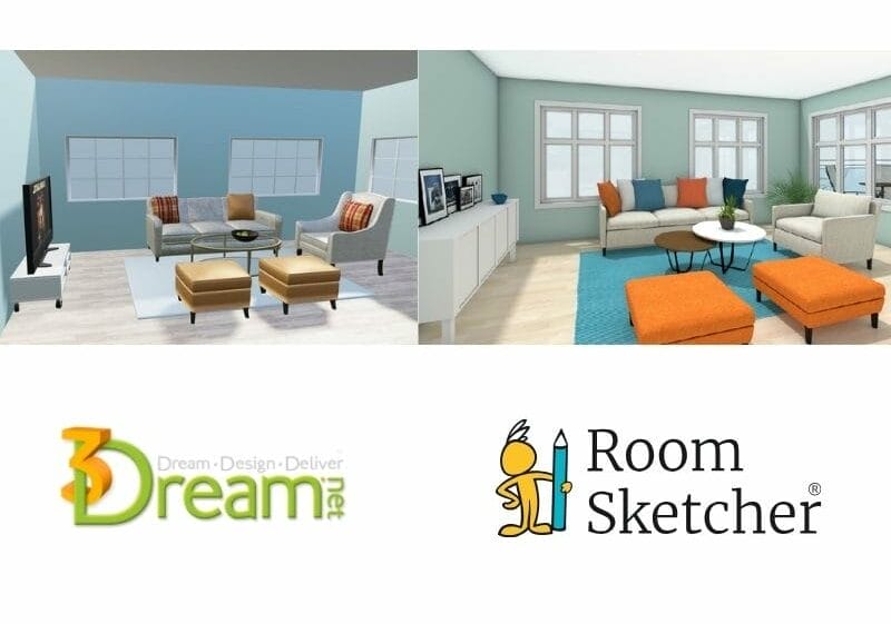 3Dream vs RoomSketcher. The image shows a 3D Photo comparison between 3Dream and RoomSketcher. On the left side is a 3D image made with 3Dream. It shows a living room with one sofa, on chair, two ottomans, a coffee table, a TV table, and a TV. Below the image is the 3Dream logo. On the right side of the image is a 3D Photo made with RoomSketcher. The image shows a sofa, a chair, two ottomans, a coffee table, a rug, and a sideboard with photographs on top. Below the image is the RoomSketcher logo.