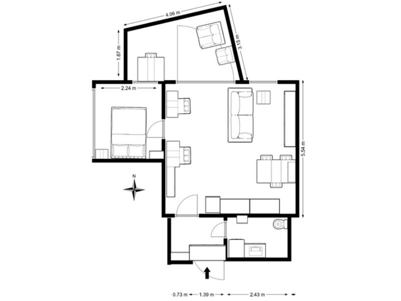 2D floor plan made with the Floorplanner software. The floor plan is a fully furnished 1-bedroom apartment with a livingroom/kitchen, an office, and a bathroom connected to a hallway.