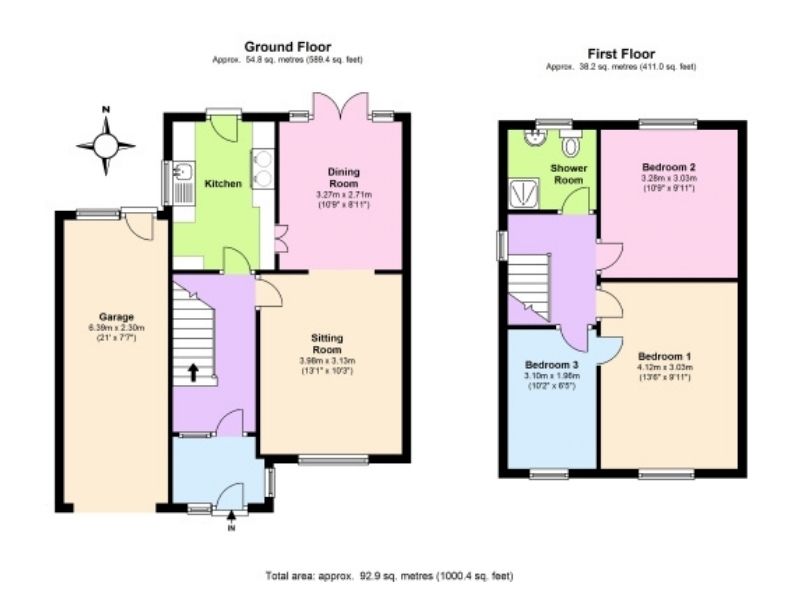 2D floor plan made with the PlanUp software. The floor plan is a 2-level floor plan with three bedrooms, one bathroom, a kitchen, a living room, and a garage. The floor plan is multicolored, with bright pink, purple, blue, green, and beige colors.