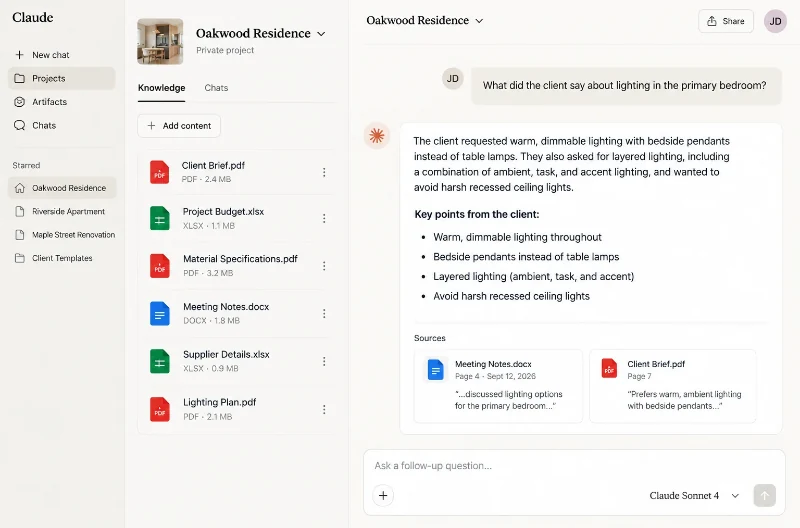 Claude Projects workspace showing interior design project files and an AI-generated answer about a client's bedroom lighting preferences.