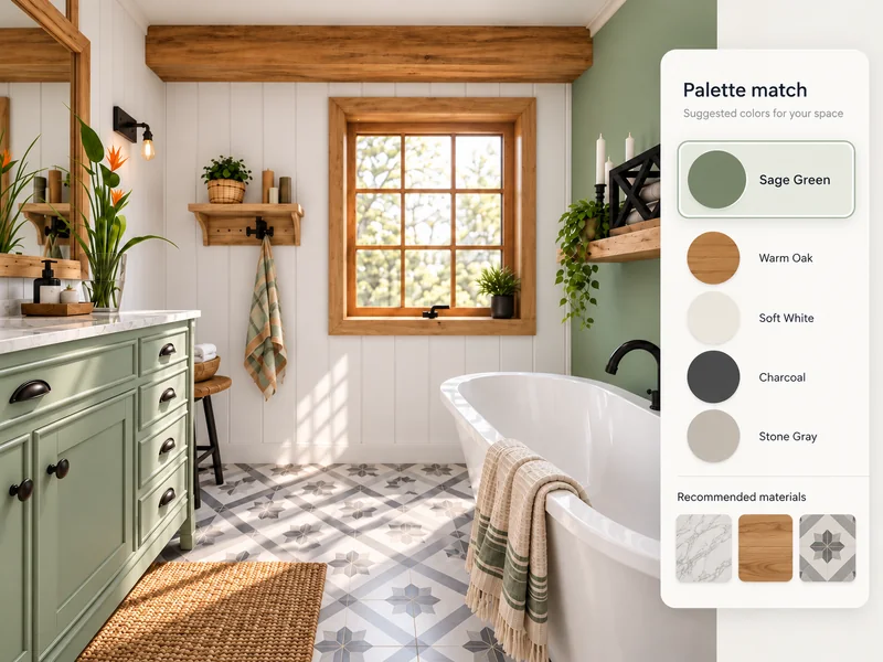 Bathroom with sage green cabinets, freestanding bathtub, and patterned tile flooring, alongside an AI-suggested color palette and materials.