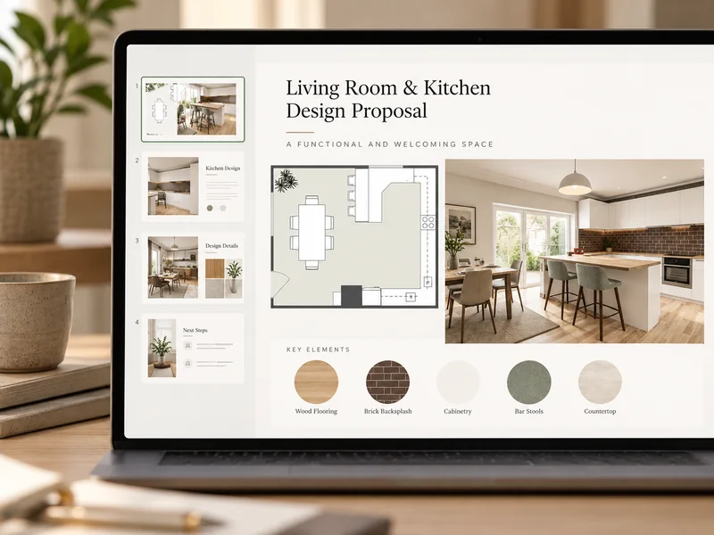 Laptop displaying an interior design presentation with a kitchen floor plan, 3D rendering, material samples, and slide previews.