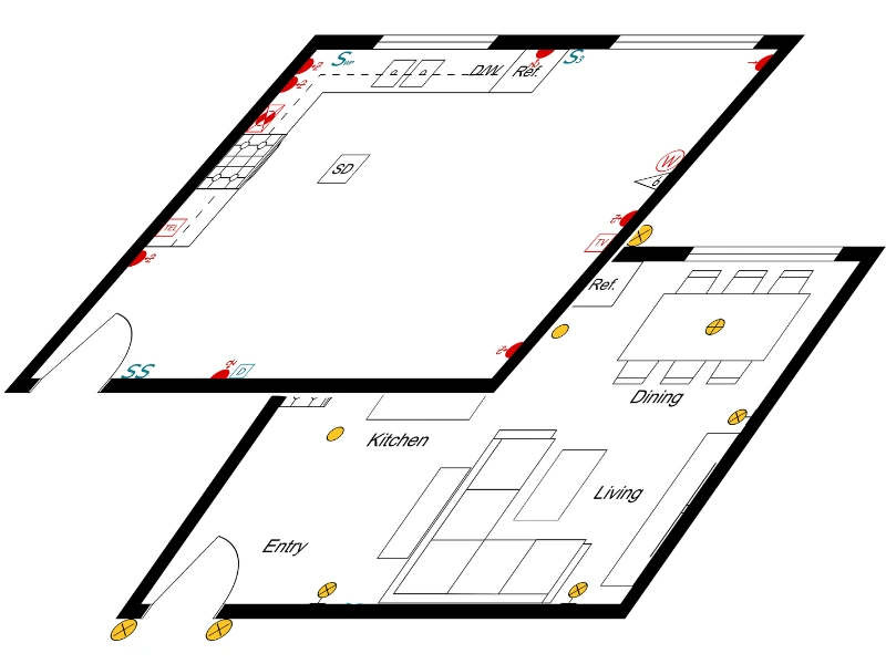 Two electrical plans layered on top of each other.