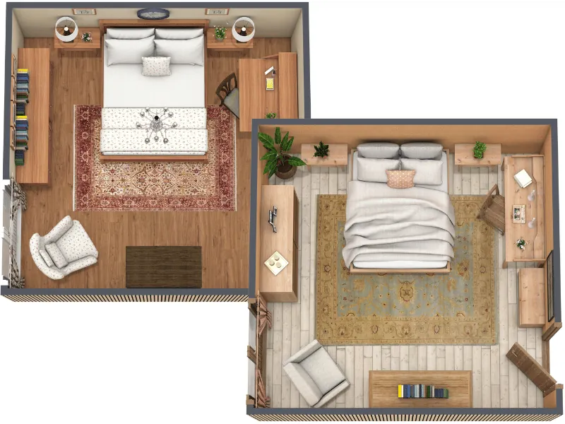 Two top-down 3D bedroom floor plans shown side by side, comparing furniture placement, flooring, rugs, and decor styles around a central double bed.