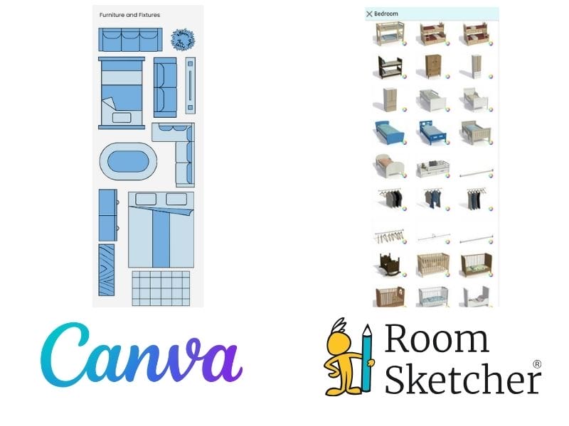 Canva vs. RoomSketcher. The image shows a comparison between the furniture library of Canva and RoomSketcher. On the left side of the image is an example of the furniture library for Canva in blue. Below the screenshot of the furniture library is the Canva logo. On the right side of the image is a screenshot from the selection of the RoomSketcher furniture library. The selection is of bedroom furniture in 3D and multi-colored. Below the screenshot is the RoomSketcher logo.