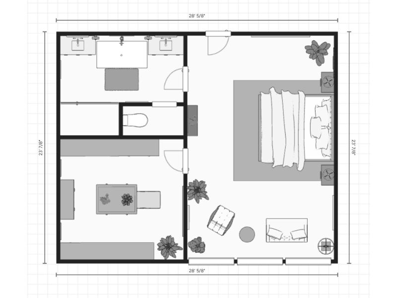 2D floor plan made with the Houzz Pro software. It has a bathroom with a separate toilet, a bedroom, and an office. The drawing is in black and white and includes wall measurements.