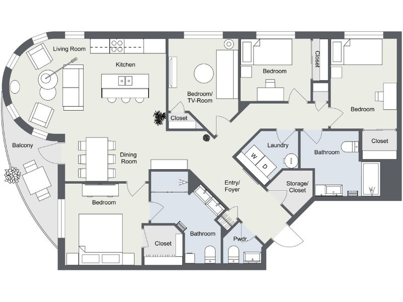 Four-bedroom apartment floor plan with curved living room and balcony, open kitchen with island, dining area, and multiple bathrooms. Includes laundry room, entry foyer, storage, and flexible bedroom/TV room.