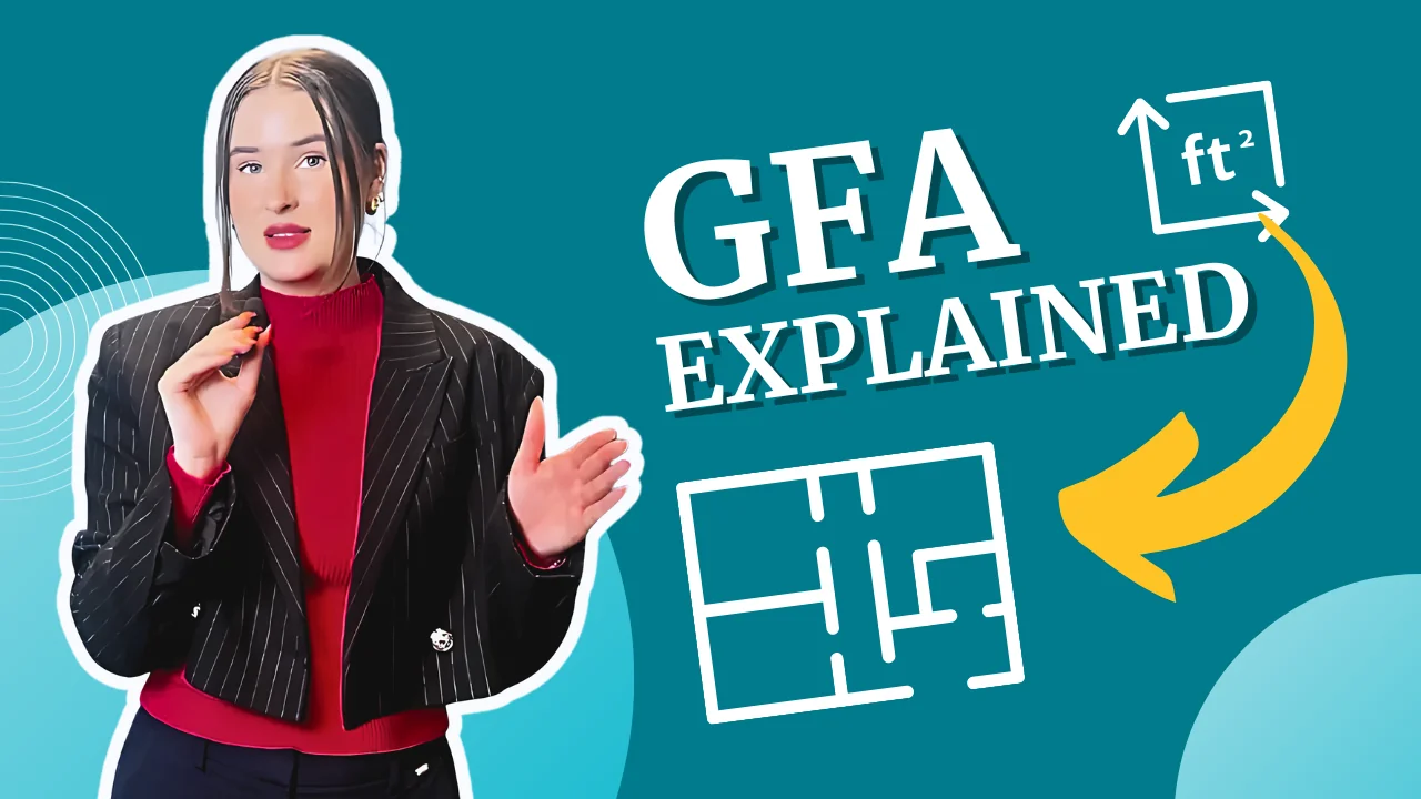 Video thumbnail showing a presenter with the text “GFA Explained,” alongside a simple floor plan graphic and area measurement symbol.