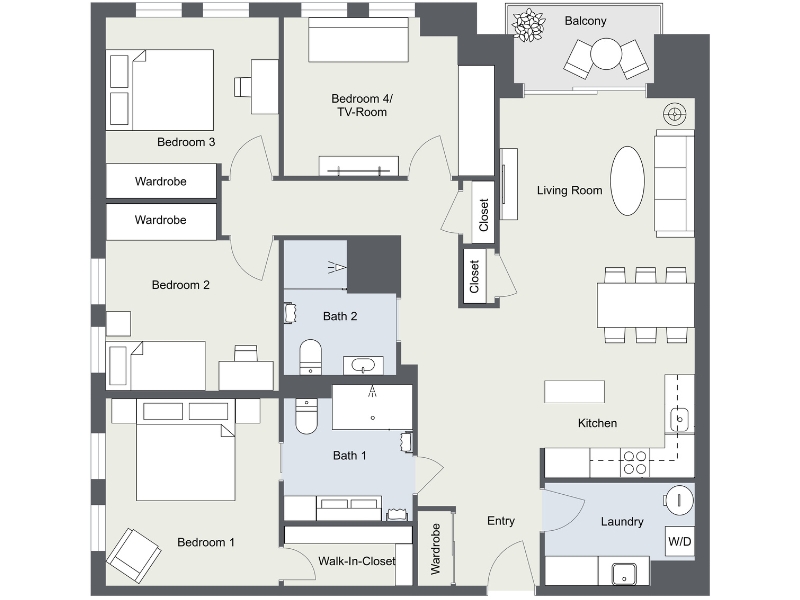 Four-bedroom apartment floor plan with open living room, kitchen, dining area, and balcony. Primary bedroom includes a walk-in closet and en-suite bath. Two additional bedrooms with wardrobes, one flexible room as bedroom or TV room, two bathrooms, laundry with washer/dryer, and multiple storage closets.