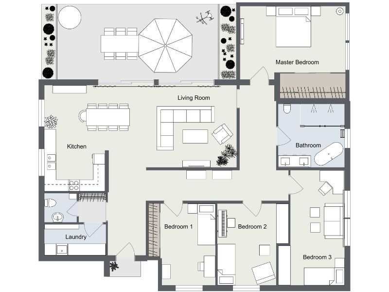 Four-bedroom apartment plan with open kitchen and living room, big terrace, two baths, laundry, and primary suite.
