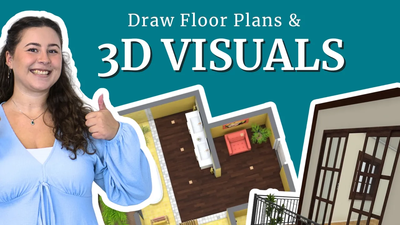 Presenter giving a thumbs-up next to the text “Draw Floor Plans & 3D Visuals,” with examples of 3D floor plan visuals.