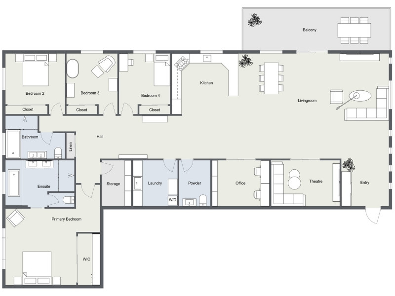 Four-bedroom apartment plan with primary suite, big living area, kitchen, balcony, office, theatre, laundry, and bathrooms.